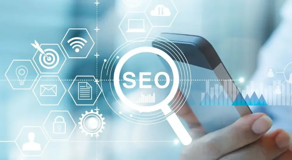 Magnifying glass over the letters SEO on a phone, surrounded by search icons