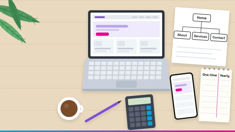 A website plan on a desk: laptop wireframe, sitemap sketch, phone layout, calculator and a budget notepad