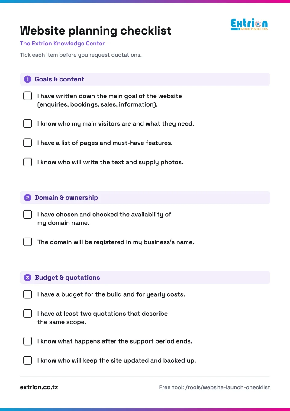 Print this checklist and complete it before you request quotations.
